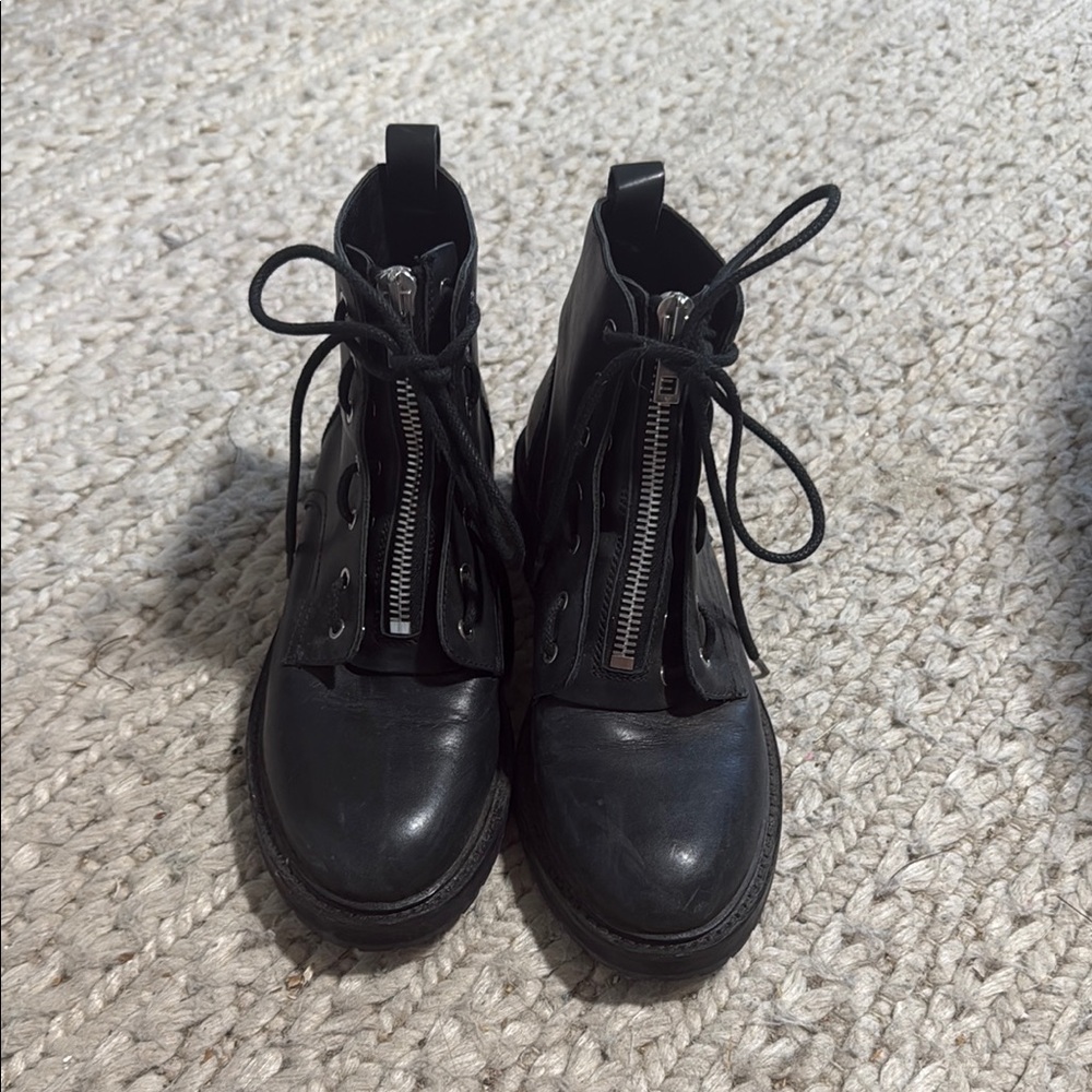 Black Lace-Up Leather Ankle Boots with Front Zipper